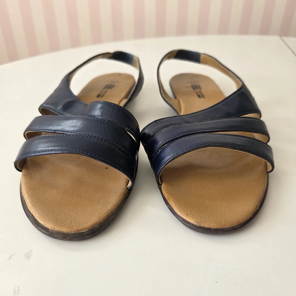 Vtg 90s Basic Editions Sandal Womens 11 Strappy‎ Navy Blue Faux Leather Flats